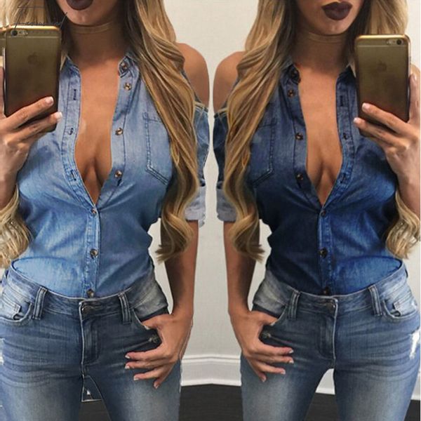 

женщины топы женщины блузка женщины новая рубашка атласная sexy синий карманный сыпучие повседневный топ с длинным рукавом джинсовой blouse, White