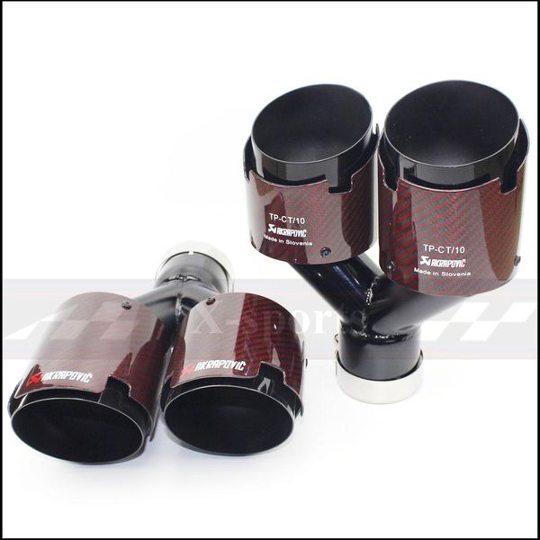 

akrapovic red glossy carbon fiber car exhaust muffler tip tailpipe universal y shaped 4 slot stainless black ing