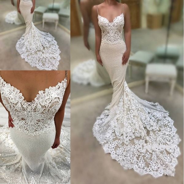 

2019 сексуальная очаровательная спагетти ремень свадебные платья длинные русалка кружева аппликации блестки свадебные платья на заказ, White