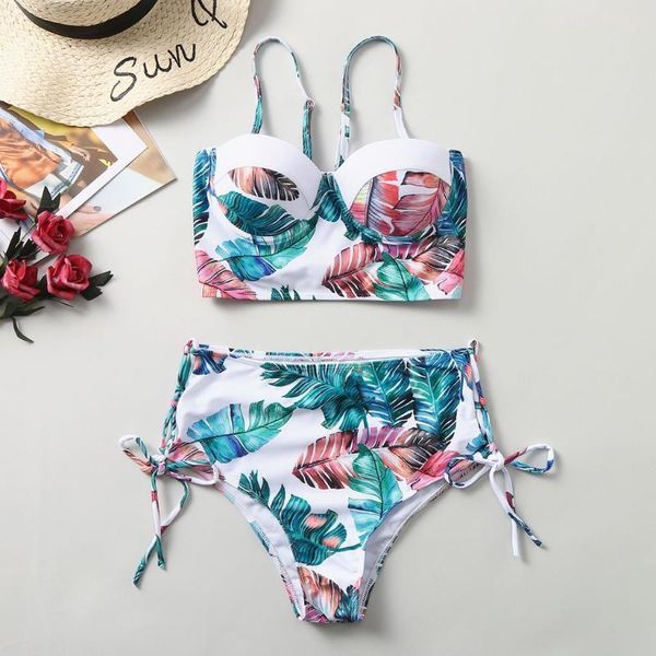

women high waist swimwear new leaf print bikinis women swimsuit vintage retro bathing suit halte 2