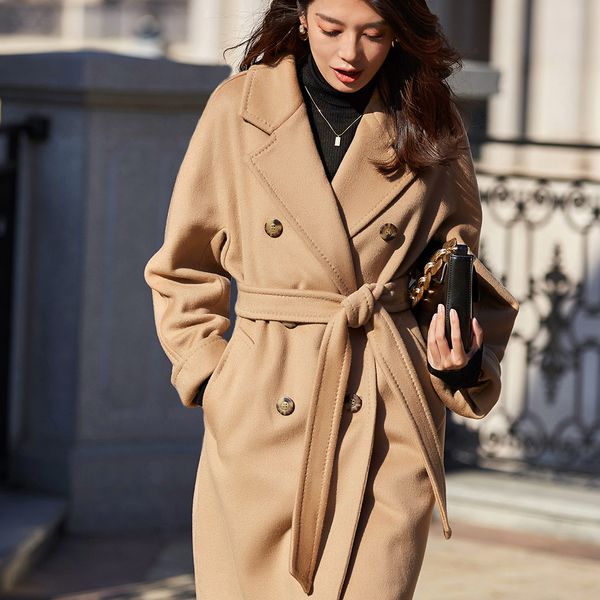 

fall winter 2019 new collection classic double breasted long wool coat women, Black