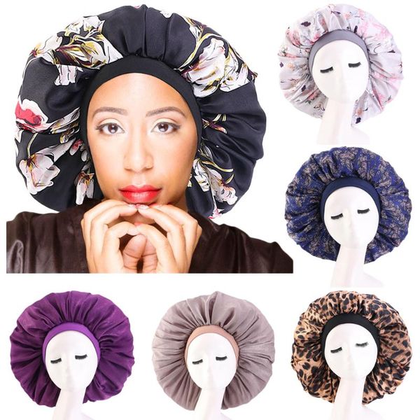 

extra large women satin night sleep cap hair bonnet hat silk head cover elastic wide band headscarf nightcap beanie hair care, Blue;gray