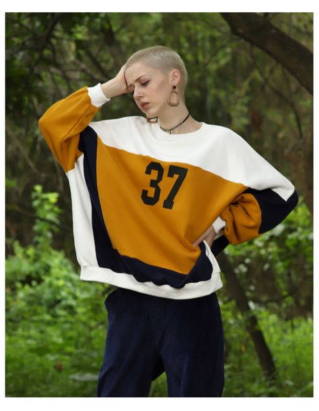 

2019 tide brand women's sweatshirt new color matching loose sweater female cotton shirt pullover ing, Black