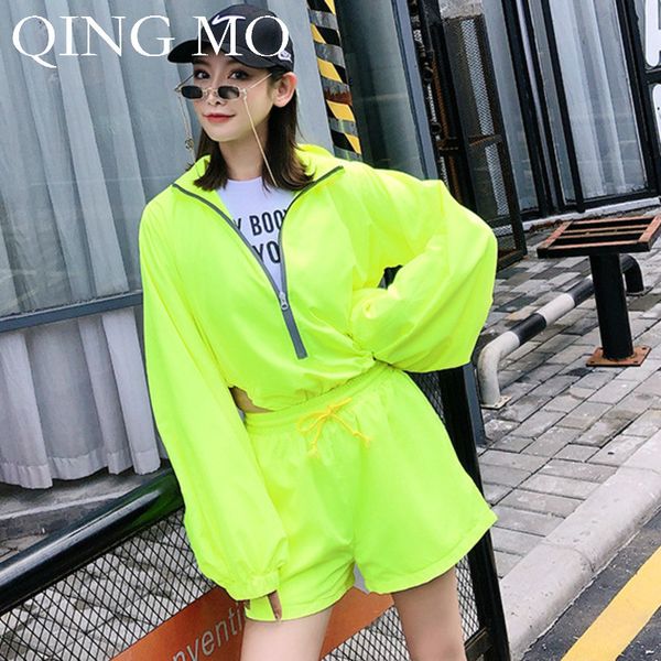 

qing mo women green solid sport loose set 2019 new women side irregular hollow out set female full sleeve short pants zqy242, White