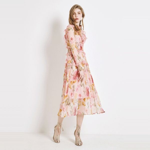 

rongtai] floral silk dress women's summer 2020 new dress with slim waist and french style silk, Black;gray