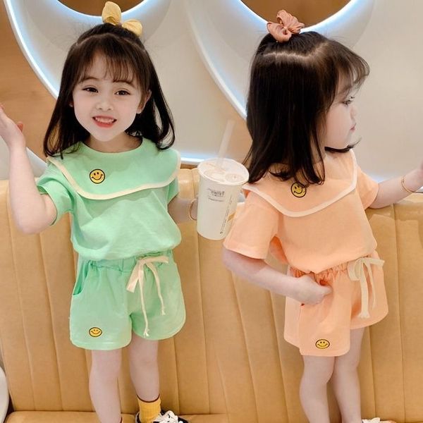 

ld8x1 new summer 2020 95 cotton cute smiley short-sleeved t-shirt + short pants two-piece suit t-shirt shorts and shorts for girls and child