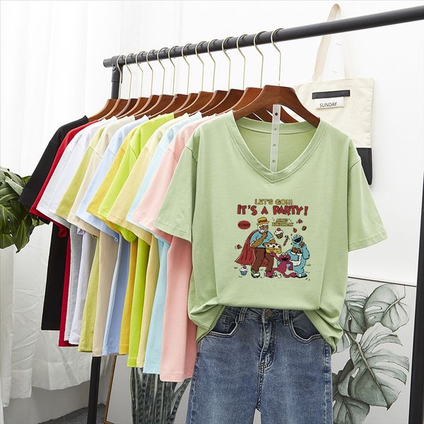 

v-neck short-sleeved t-shirt female students loose all-match fashionable summer 2020ins super-fire cec half-sleeve jacket t-shirt coat t101, White