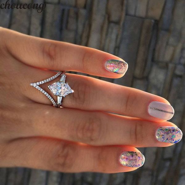 

choucong charm v promise ring 925 sterling silver 3ct diamond cz stone engagement wedding band rings for women men finger jewelry, Slivery;golden