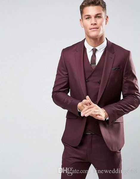Yeni Tasarım Tek Düğme Burgonya Damat smokin Notch Yaka Groomsmen Best Man Suit Erkek Düğün Suit Damat (Ceket + Pantolon + Vest + Tie) NO: 10