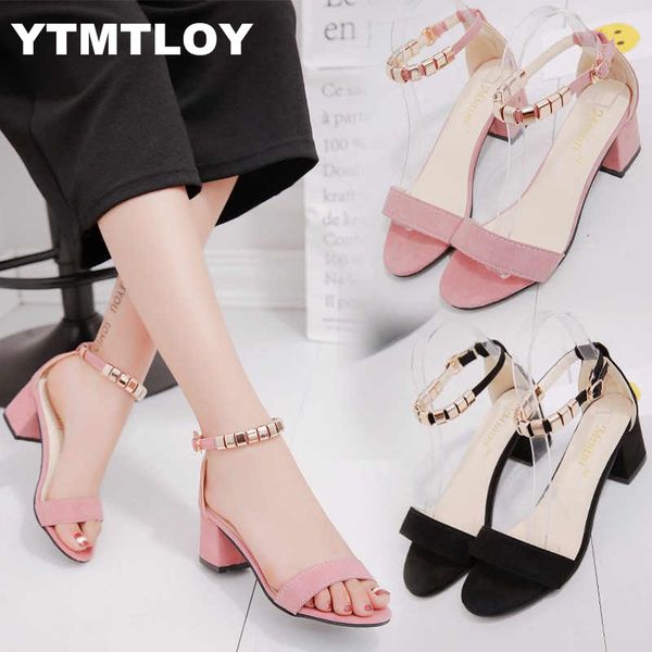

2019 metal string bead summer women pumps sandals open toe women's square high heels shoes korean style gladiator, Black