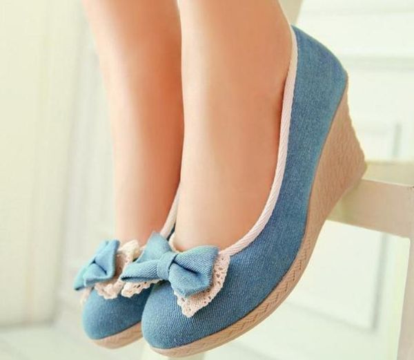 

2019 bowknot women's cloth shoes in spring and autumn with new style slope heel round head @63, Black