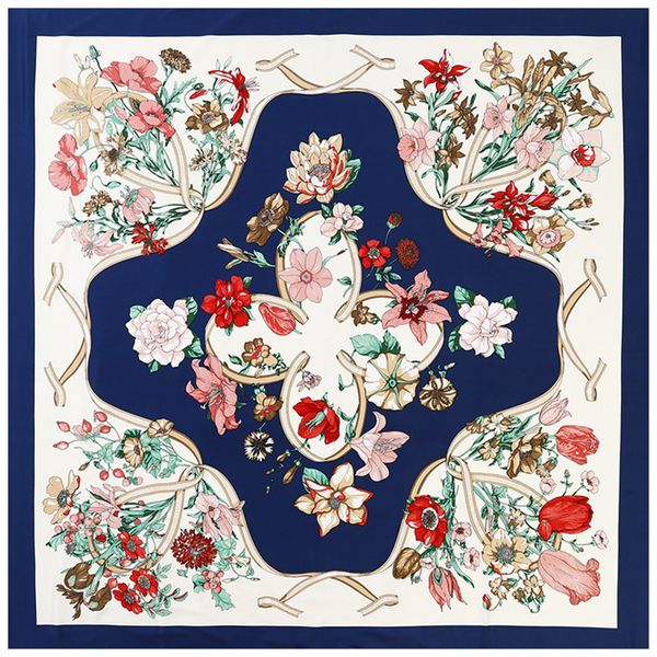 

new twill silk scarf women flowers printing square scarves fashion wrap female foulard large hijab shawl neckerchief 130*130cm, Blue;gray
