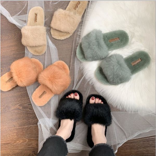 

women's hair slippers new autumn wear fashion web celebrity shoes korean version versatile flat fluffy shoes for women, Black
