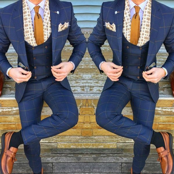 

blue plaid groom tuxedos notch lapel lattice groomsman wedding 3 piece suit fashion men business prom jacket blazer(jacket+pants+tie+vest)61, Black;gray