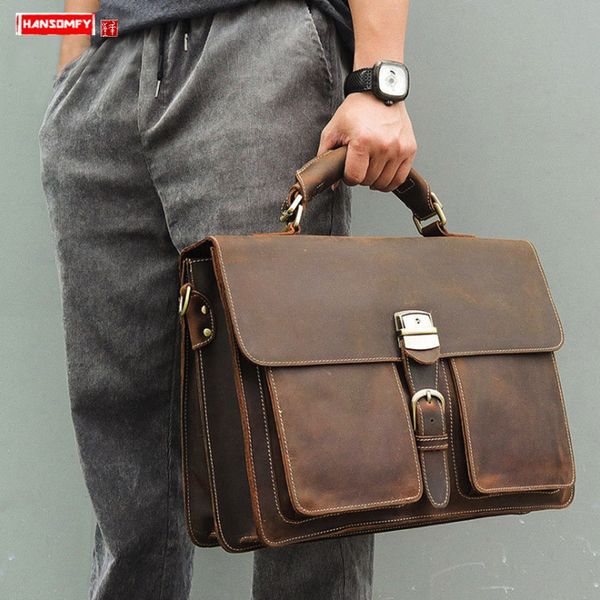 

new men's handbag crazy horse leather business men 15.6 inch lapbriefcase male lock documentary computer slung shoulder bags