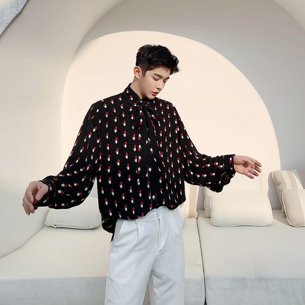 

япония корея стиль мужской печати fashion show рубашки платья мужчины ретро моды bow tie с длинным рукавом рубашки повседневные этап одежда, White;black