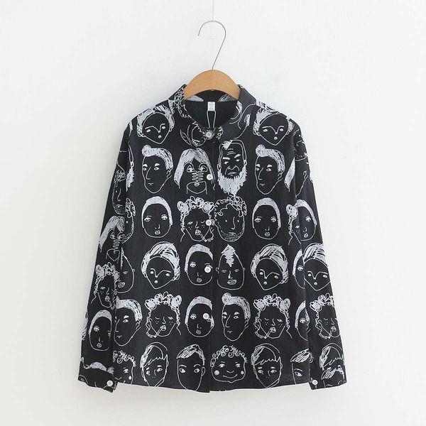 

septhydrogen тавро характер printed блузы женщина граффити блуза streetwear turn down воротник длинных рукава хлопок сыпучая рубашка, White