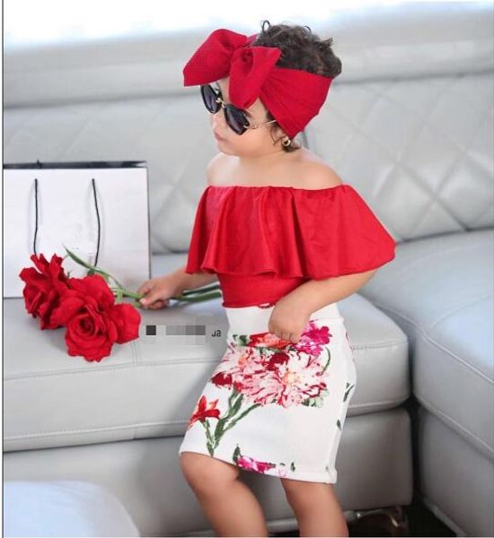

3pcs kid baby girls summer clothes solid color ruffles t-shirt high waist floral skirt headband stylish outfit set, White