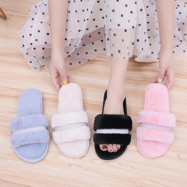

ladies slippers women flat shoes women fur slippers winter shoes home slipper plush womens indoor warm cotton flip flops, Black