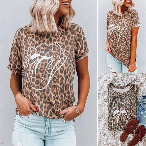 

womens leopard lips print tshirts summer designer crew neck short sleeve tees females fashion casual clothes, White
