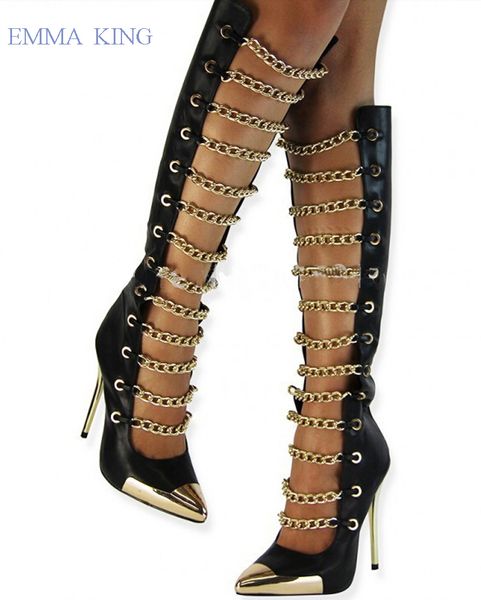 

women cut-outs stiletto heels long boots fashion metal pointed toe chains design knee high boots black zapatos de mujer