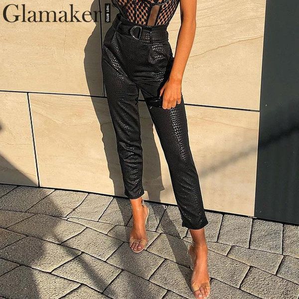 

glamaker pu кожа узкие брюки капри женщины streetwear черные брюки повседневные высокие талии дамы брюки женские зимние днища, Black;white