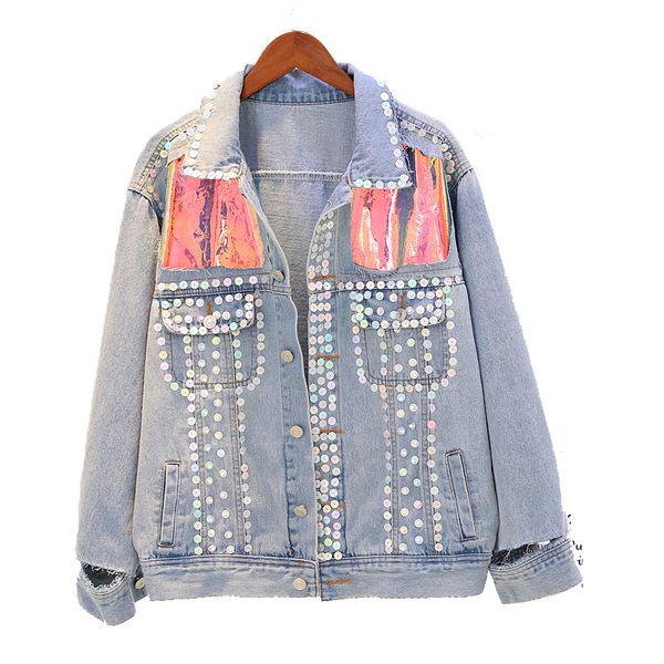 

vintage jeans jacket female loose streetwear coats autumn long sleeve embroidery holes denim jacket for women casual coat, Black;brown