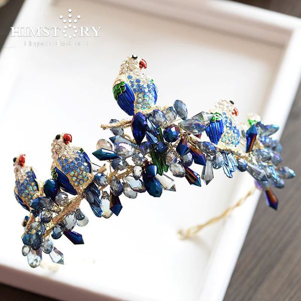 

himstory high-end retro european bird parrot shape brides hairband crown blue crystal bridal headbands wedding hair accessoies, Golden;white