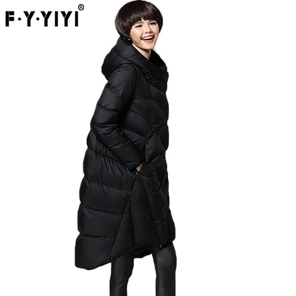 

fyyiyi loose large size down jackets women slim long winter jacket lengthen warm hooded coats autumn winter office lady jackets, Black