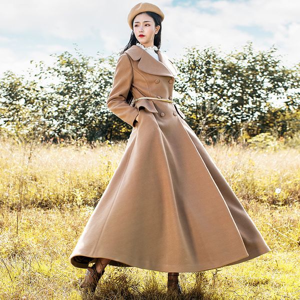 

2018 new long maxi autumn and winter vintage trench for women boshow outerwear s-l double breasted coat with belt, Black