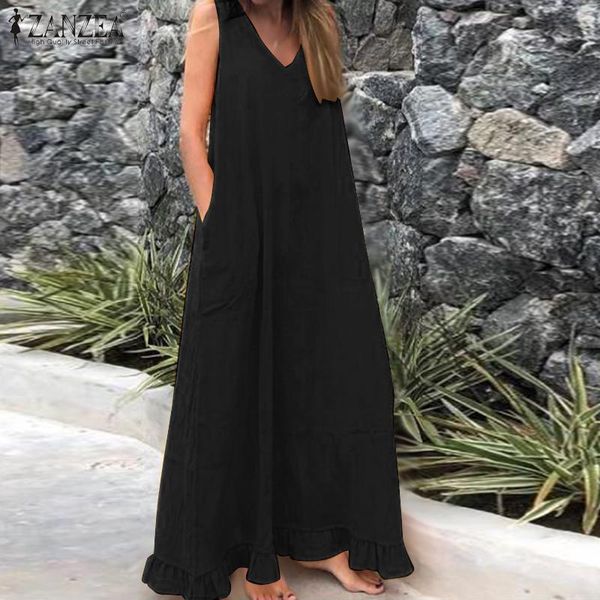 

zanzea summer solid maxi long sundress fashion women ruffles dress bohemian v neck sleeveless beach vestido cotton linen dresses, Black;gray