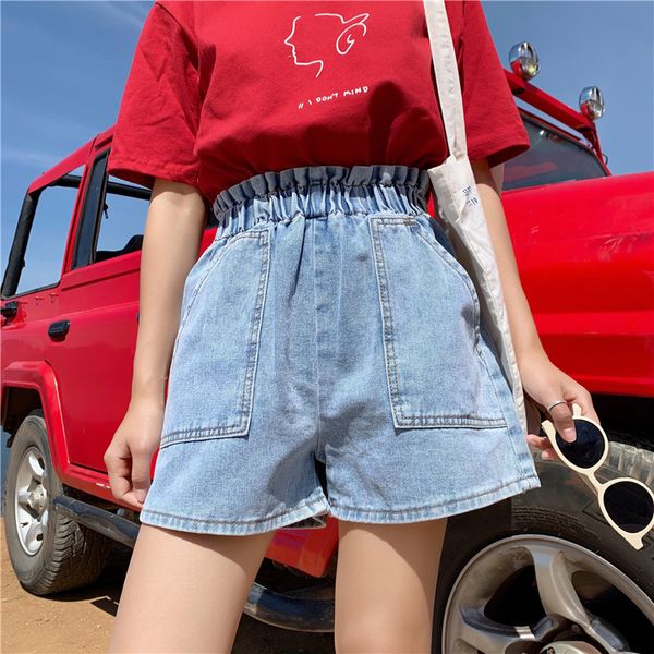 

s-xl 2 colors streetwear women denim shorts 2019 summer high elastic waist wide leg shorts jeans blue beige short femme (z6316, White;black