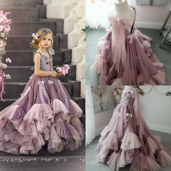 2020 Bow Flower Girl Dresses Feito à Mão Flor Appliqued Lace mangas menina Pageant Vestido Custom Made Roupa de Baptizado