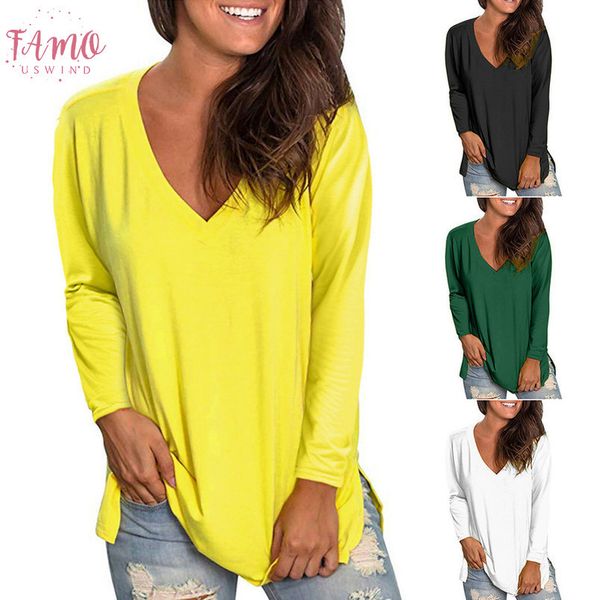 

blouse 2020 new women winter v neck long sleeve shirt plus size casual tunic solid blouse for women fashion clothes, White