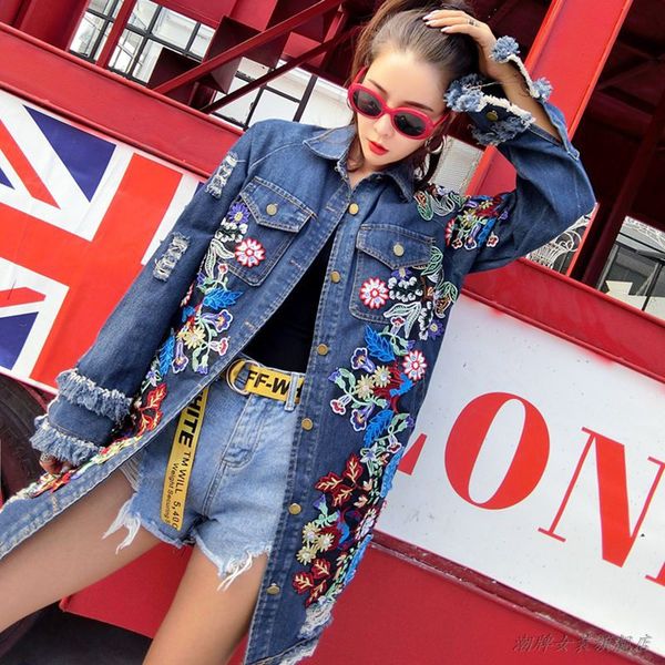 

women's jackets 2021 autumn fashion womens jean windbreaker long sleeve embroidery beading denim runway jacket women punk clothes vinta, Black;brown