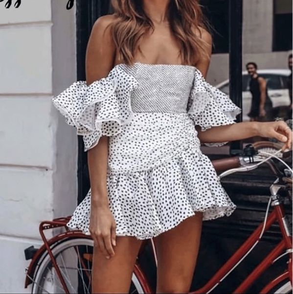 

2019 new women fahsion mini dress dots pattern slash neck ruffled style off shoulder holiday and vocation dresses, Black;gray