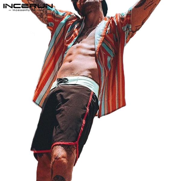 

men's casual shirts incerun summer striped shirt brand 2021 lapel button short sleeve streetwear fashion hawaiian camisa s-3xl, White;black