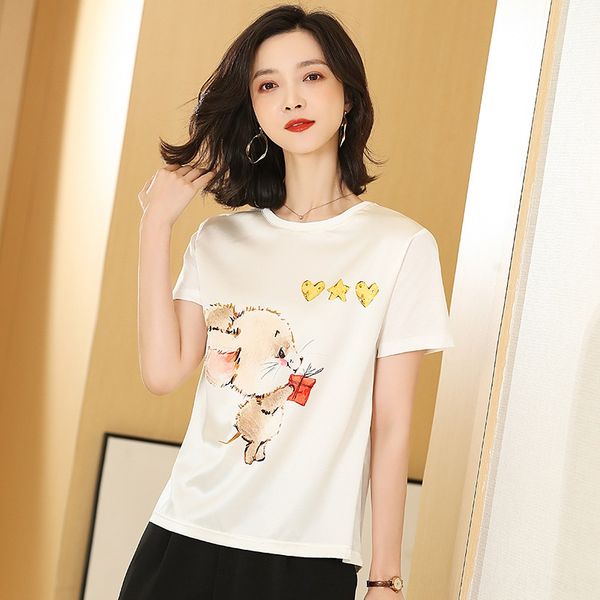 

printed t-shirt 2020 simple and comfortable silk t-shirt silk round collar short sleeve women's top, White