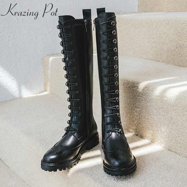 

krazing pot cow leather oriental design thick med heels carving round toe keep warm equestrian metal rivets knee-high boots l10, Black