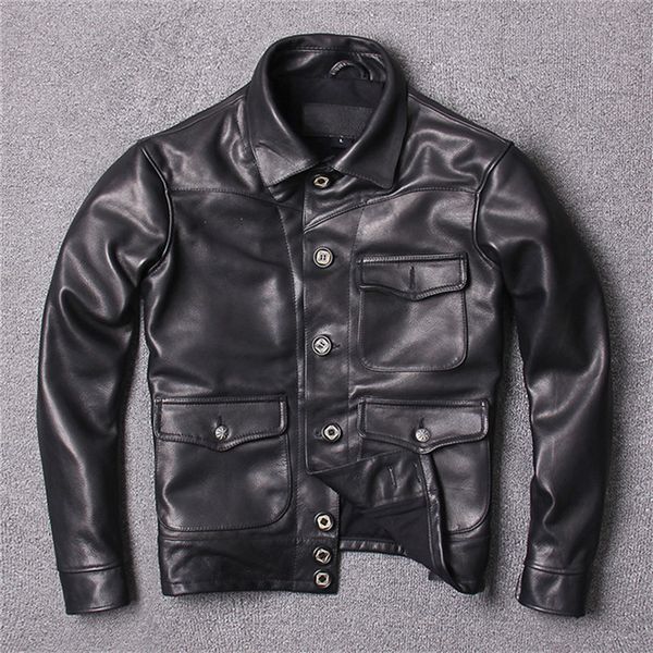 

japanese style retro vintage flocking yellow cowhide genuine leather jackets with single breasted lapel neck, Black