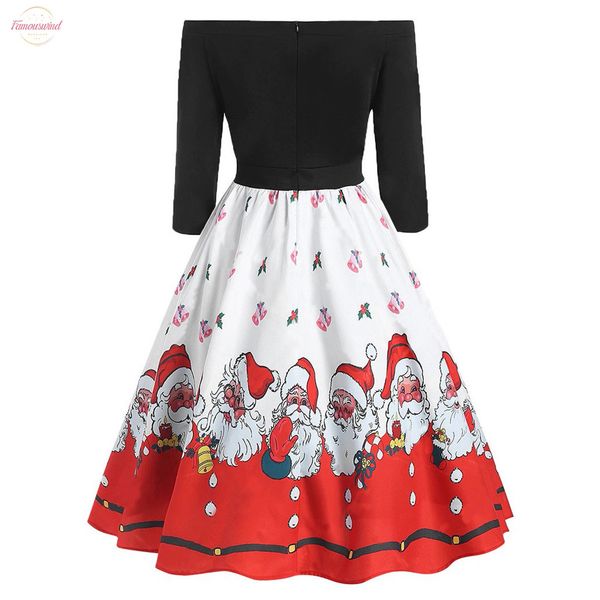 

christmas print womens dress fashion patchwork sundress female off shoulder zipper hepburn style high waist party dress, Black;gray