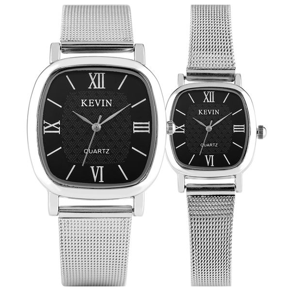 

roman numerals black square dial couple watches kevin men stainless steel watch women casual wristwatch pin buckle clock gifts, Slivery;brown