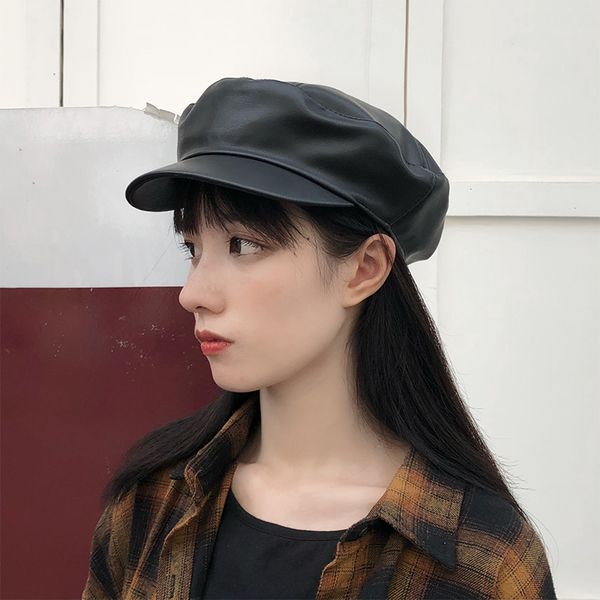 

black beret female autumn and winter wild octagonal cap personality british navy cap pu leather duck hat male tide, Blue;gray