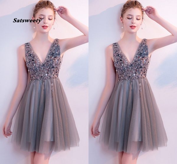 

v neck sparkly short prom dresses backless evening party elegant dress vestido de festa, Black