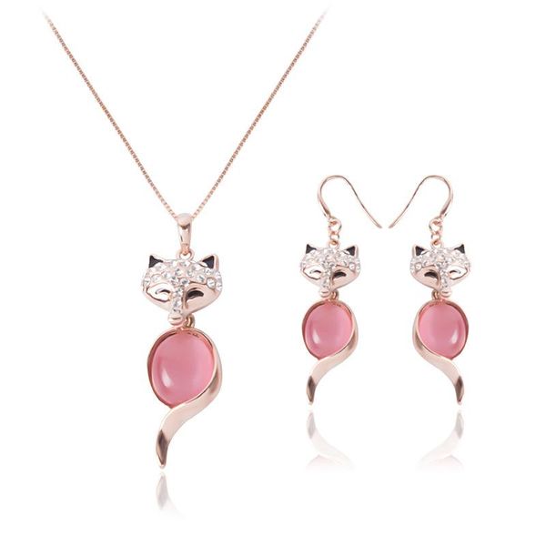 

cute fox crystal pendant earrings necklaces sweet opal rhinestone jewelry set for women wedding party jewelry, White