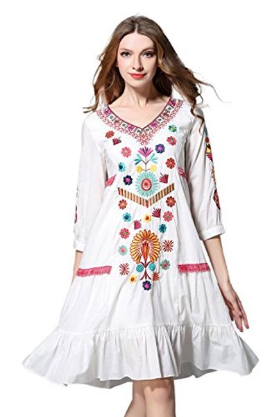 

shineflow womens casual 3/4 sleeve floral embroidered mexican peasant dressy blouses shirt dress tunic, Black;gray