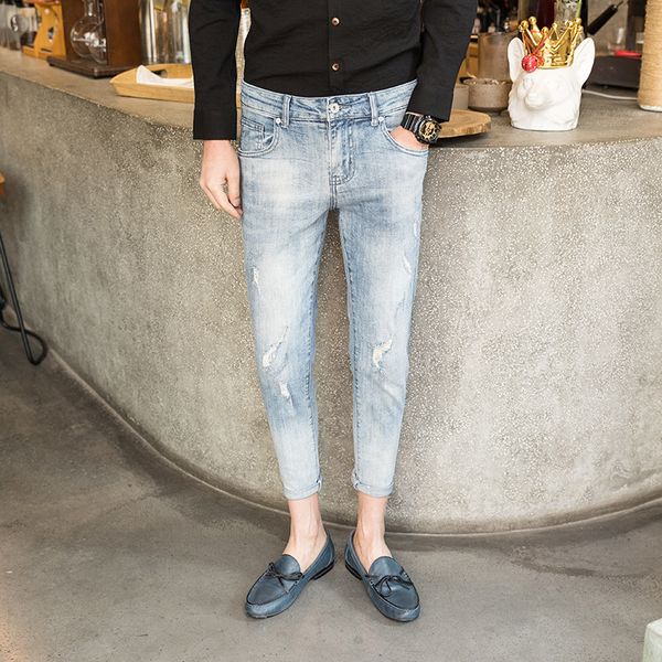 

men's jeans long pencil pants hole ripped mens fashion 2021 spring slim thin skinny for men hiphop trousers clothes hombre, Blue