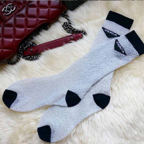 

Para triangle Logo silver thread Socks Fashion Brand Breathable Sports Casual Socks For Women girls Outdoor Athletic Translucent Stockings