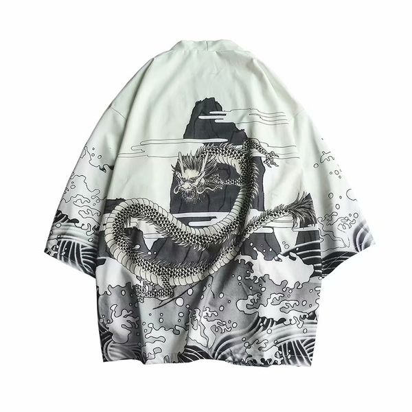 

men summer black kimono jacket thin japan style 3/4 sleeve dragon print cardigan jackets male coat vintage open stitch outwear, Black;brown