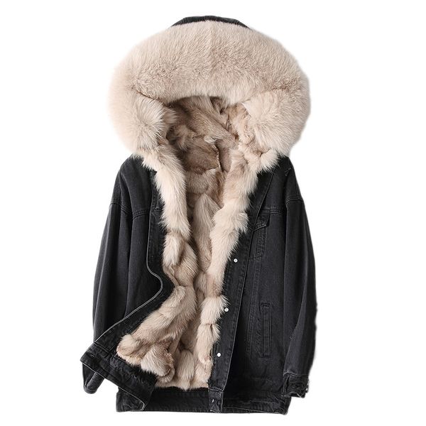 

womens winter fashion 2018 real fur collar hooded liner coat korean vintage denim fur jacket parka chaqueta mujer zl794, Black